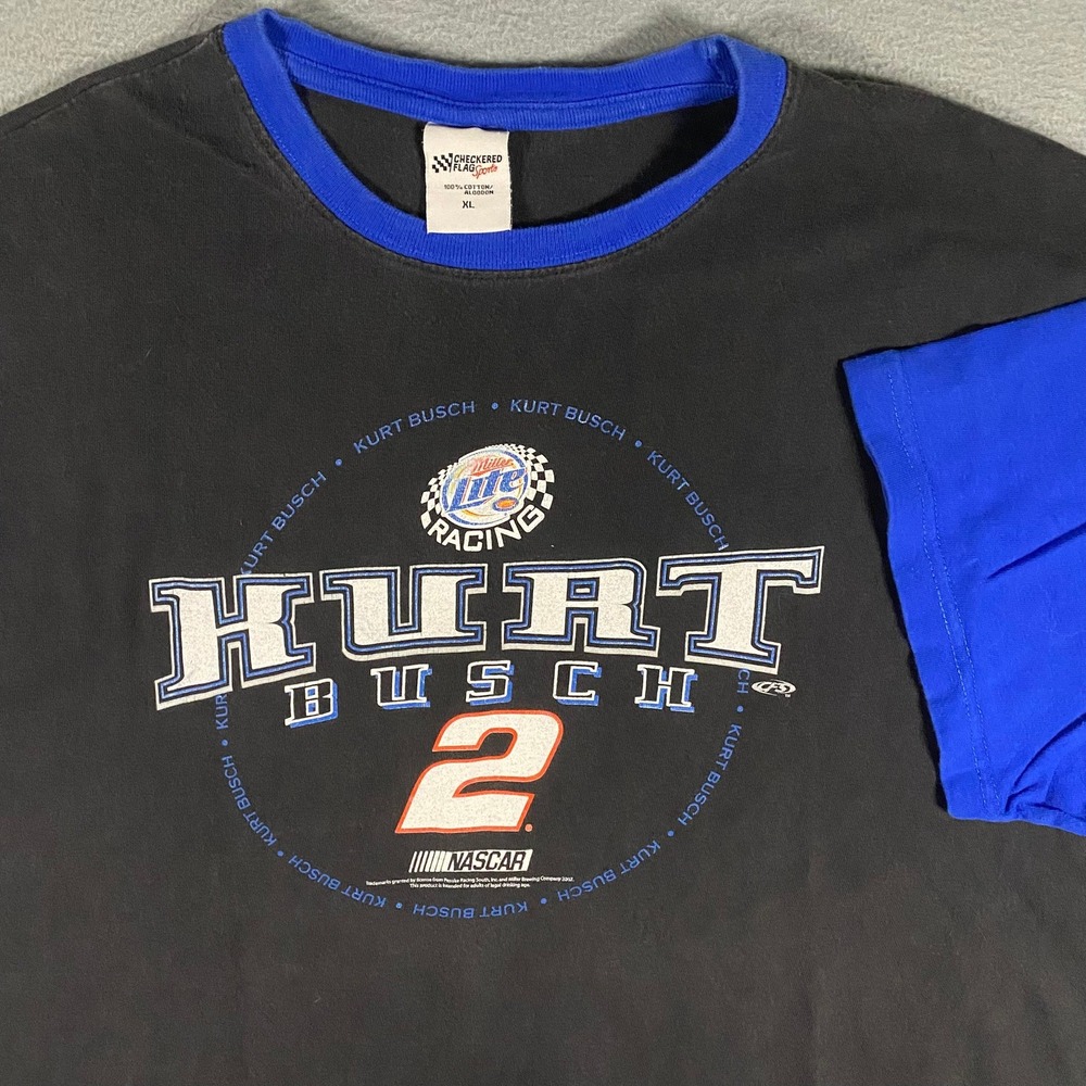 Y2K Checkered Flag NASCAR T-Shirt Mens XL Kurt Busch Miller Racing 2 Colorblock